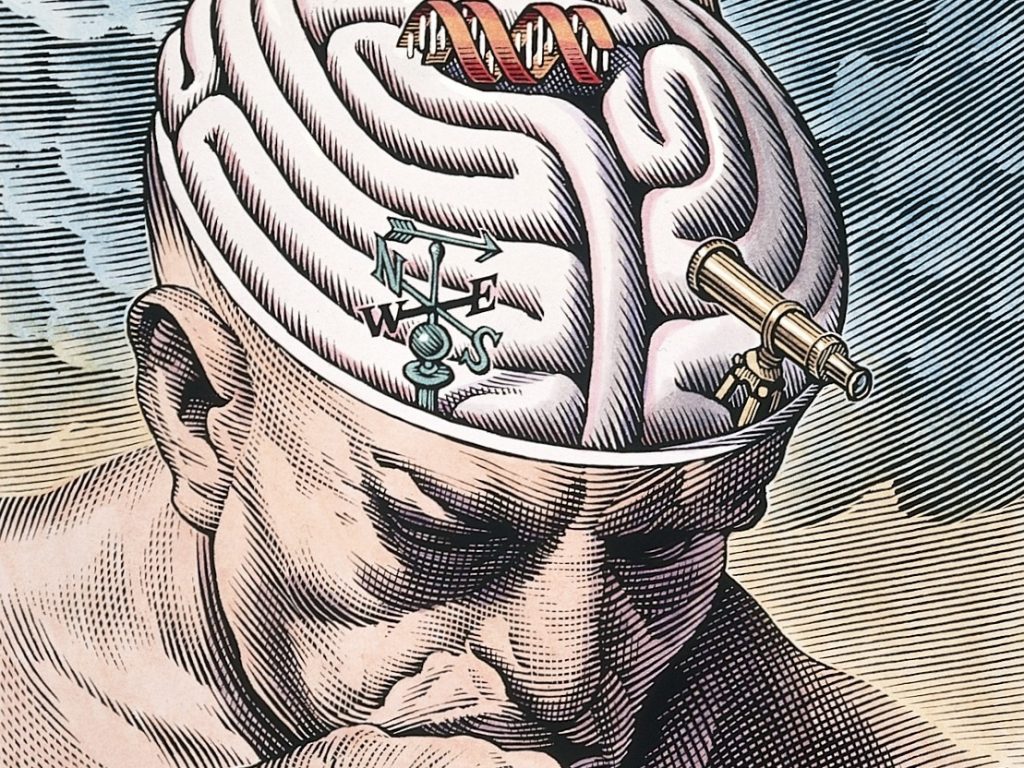 L0027293 The gyri of the thinker's brain as a maze of choices in biom
Credit: Wellcome Library, London. Wellcome Images
images@wellcome.ac.uk
http://wellcomeimages.org
The gyri of the thinker's brain as a maze of choices in biomedical ethics. Scraperboard drawing by Bill Sanderson, 1997.
Drawing
1997 By: Bill SandersonPublished: [1997]

Copyrighted work available under Creative Commons Attribution only licence CC BY 4.0 http://creativecommons.org/licenses/by/4.0/